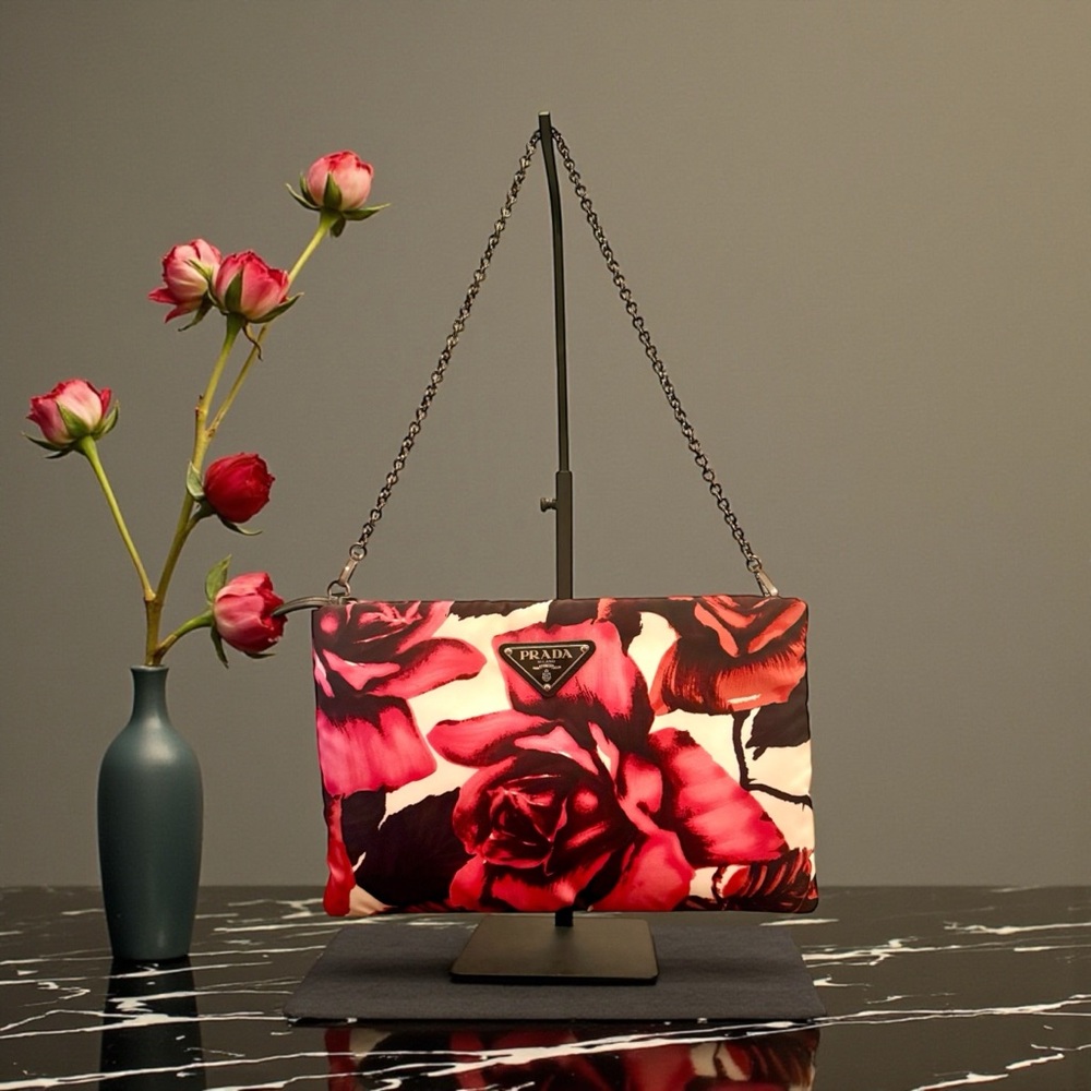Prada Red and Black Floral Clutch
